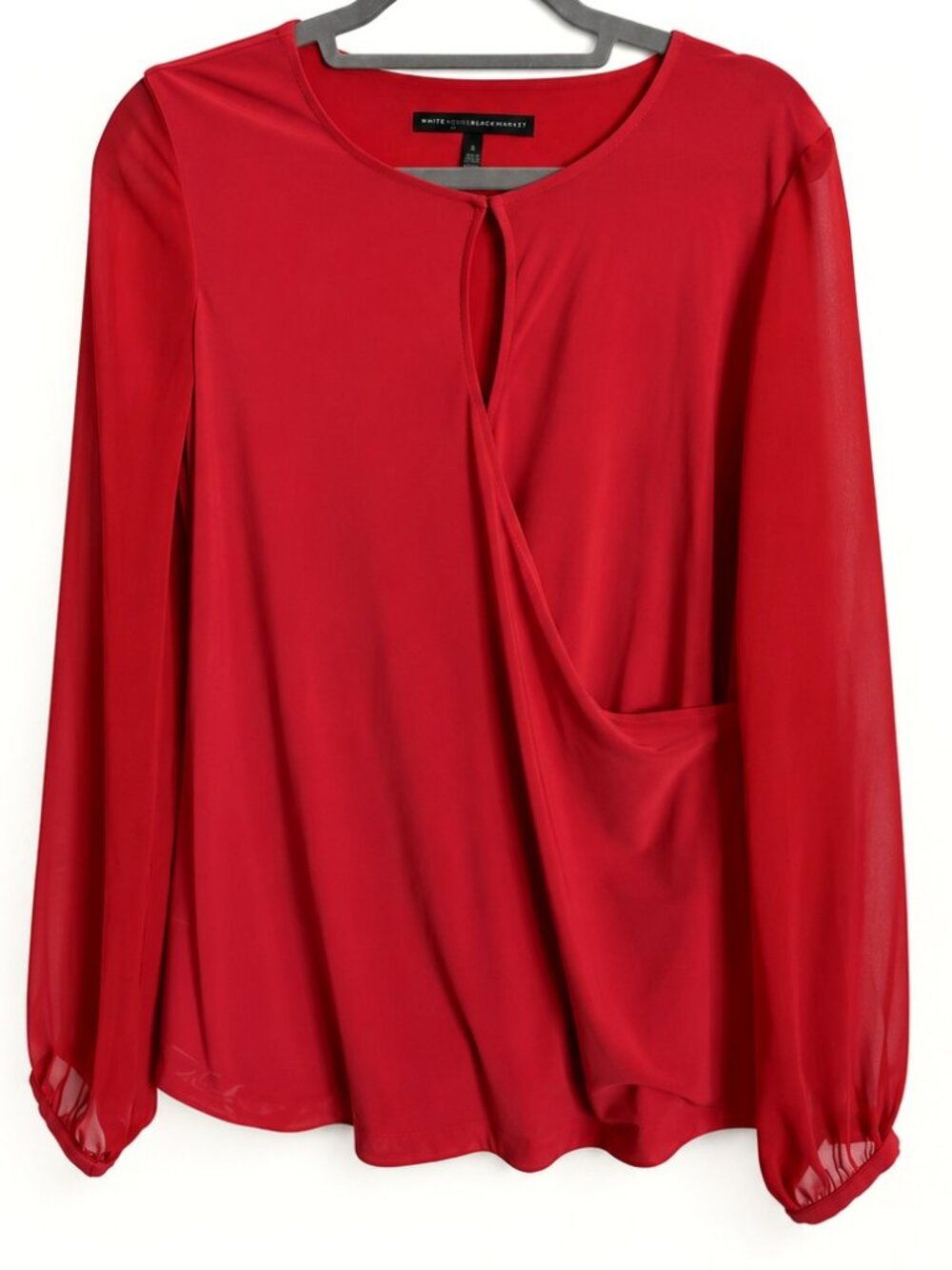 White House Black Market Red Draped Sheer Sleeve Blouse S